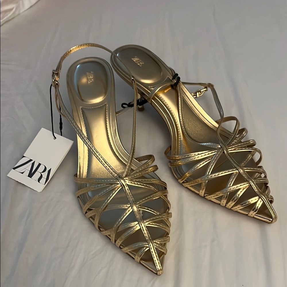 Zara Gold Strappy Heels with Kitten Heel